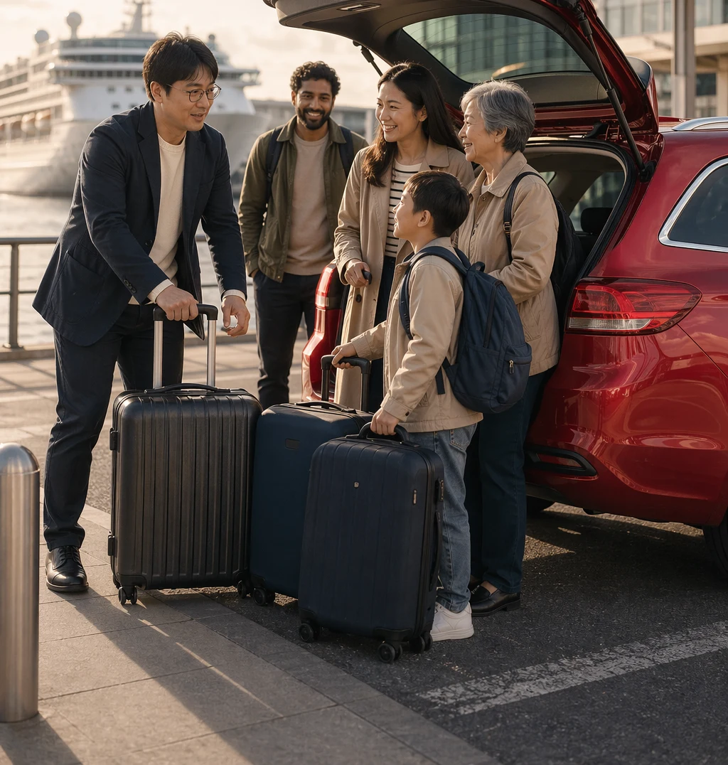 Dova Travel Chinese-speaking driver helping a family with luggage beside a red private hire car