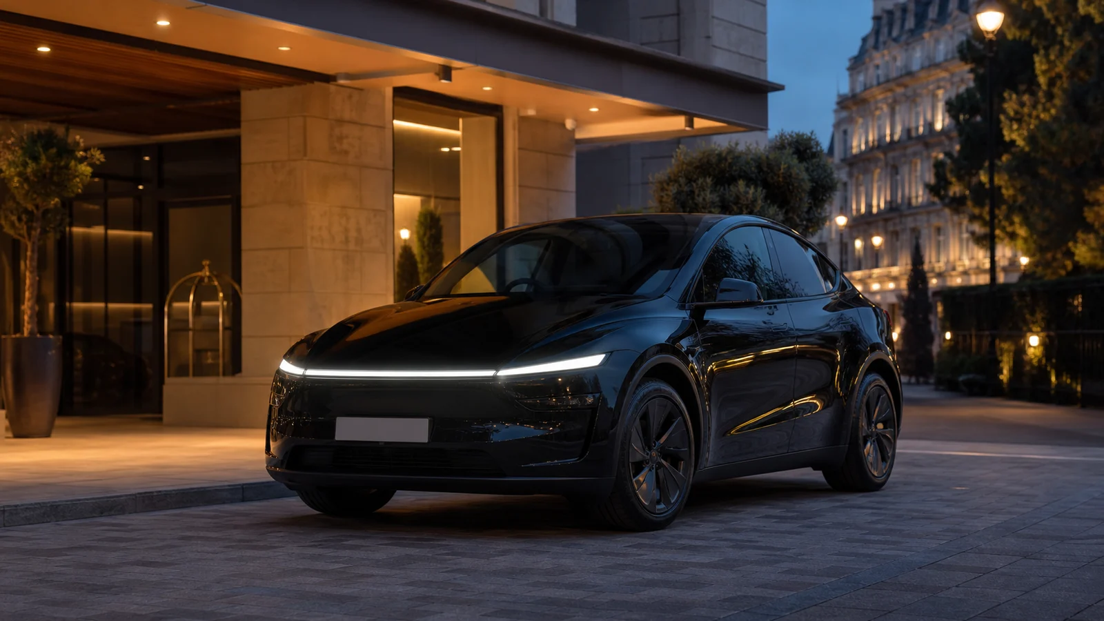 黑色 2026 Model Y 抵達倫敦現代酒店入口