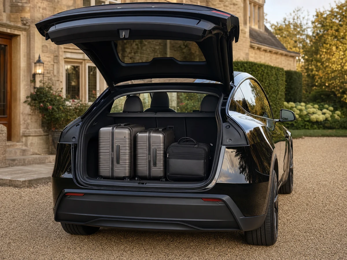 黑色 2026 Model Y 在英國鄉郊酒店打開尾箱,內有三件行李