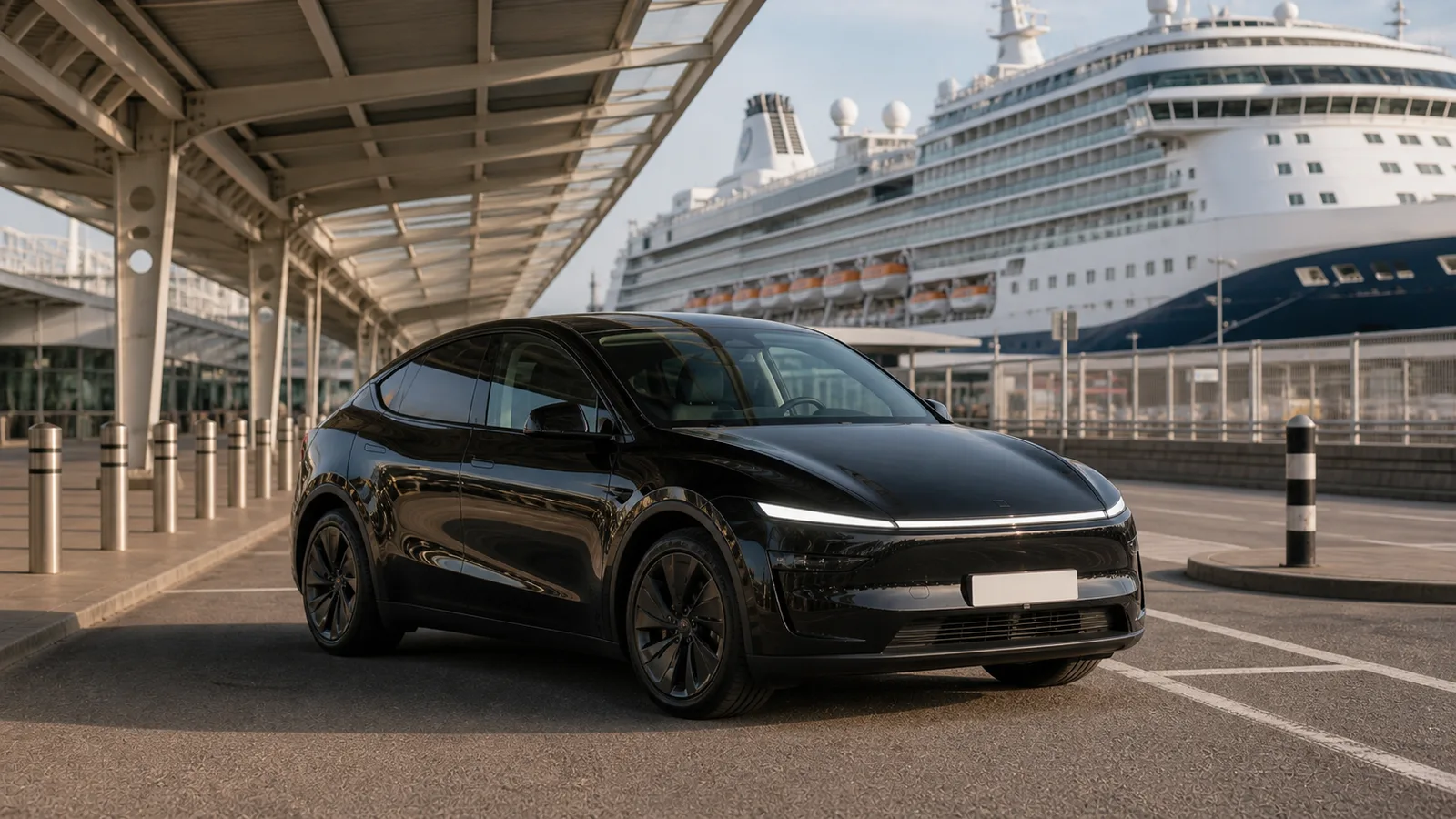 Black 2026 Model Y waiting at a Southampton cruise terminal pickup area